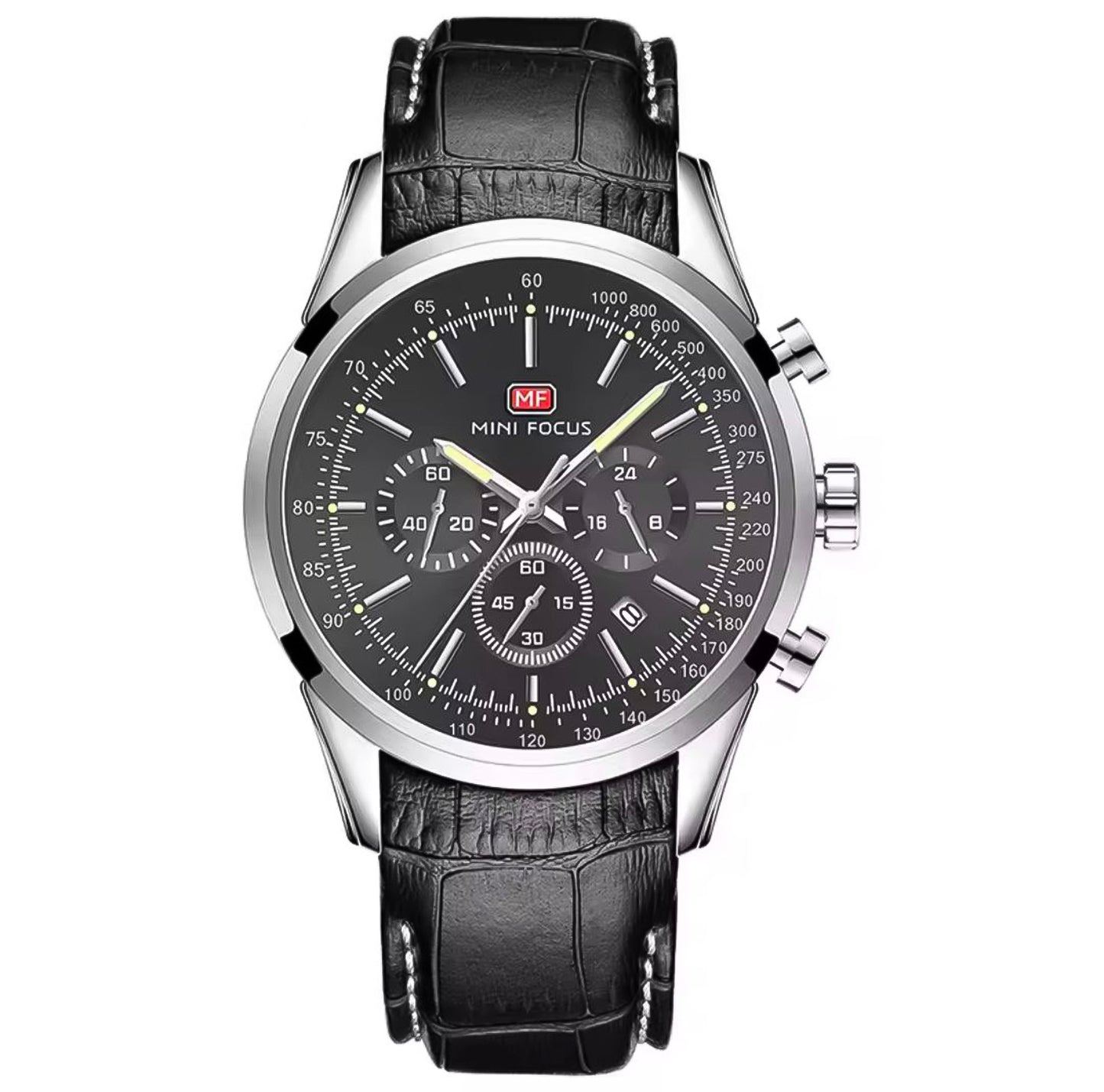 Mini Focus Genuine Leather Chronograph - Silver Case